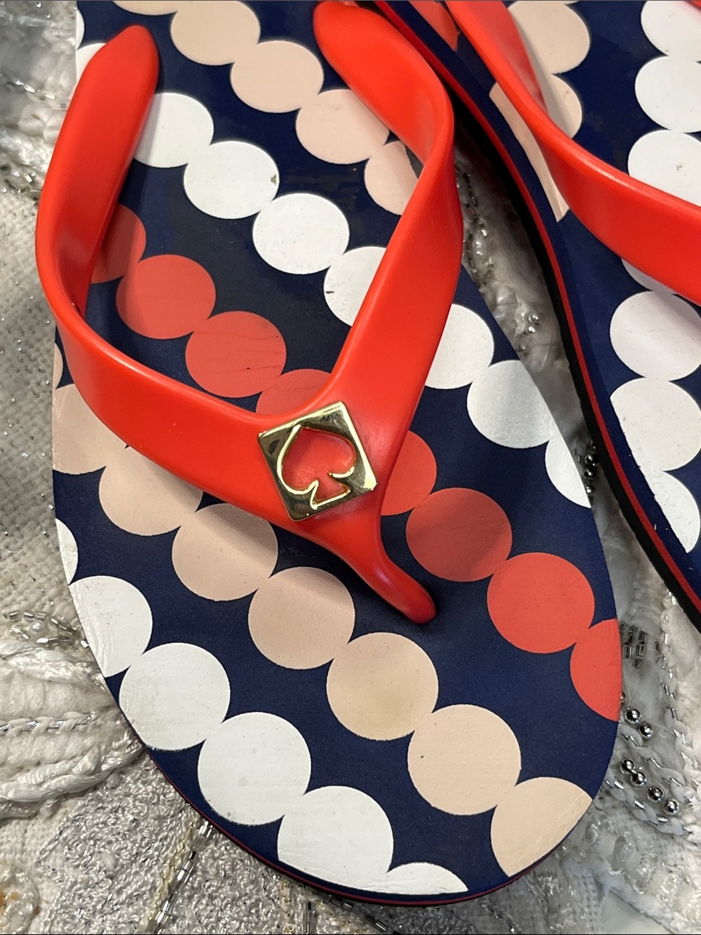 HP đKate Spade New York Printed Flip Flops Navy Coral Polka Dot Sandals Womenâs - Picture 4 of 11
